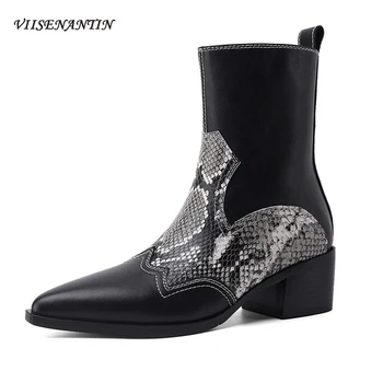 

Snake Print Ankle Boots Female Pointed Toe British Style Short Tube Women's Boots Retro Leather Thick Heel Western Cowboy Boots