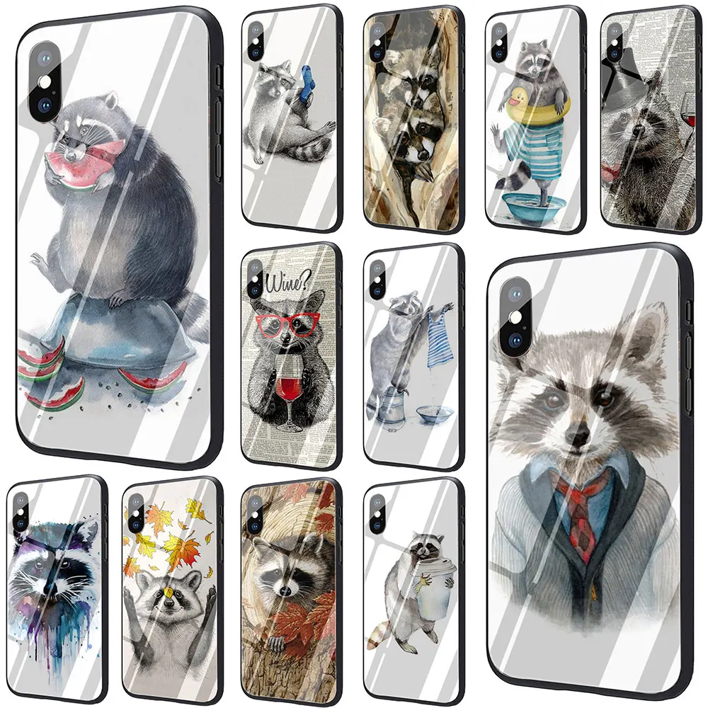 

Raccoon Unique Tempered Glass TPU Black Case for iPhone 11 Pro X or 10 8 7 6 6S Plus Xr Xs Max