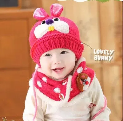 Зимняя шапка, шарф, комплект для детей, теплая шерстяная шапка с кроличьими зубами для девочек вязаная шапка, шарф, комплект из двух предметов,, новинка года, хорошее качество