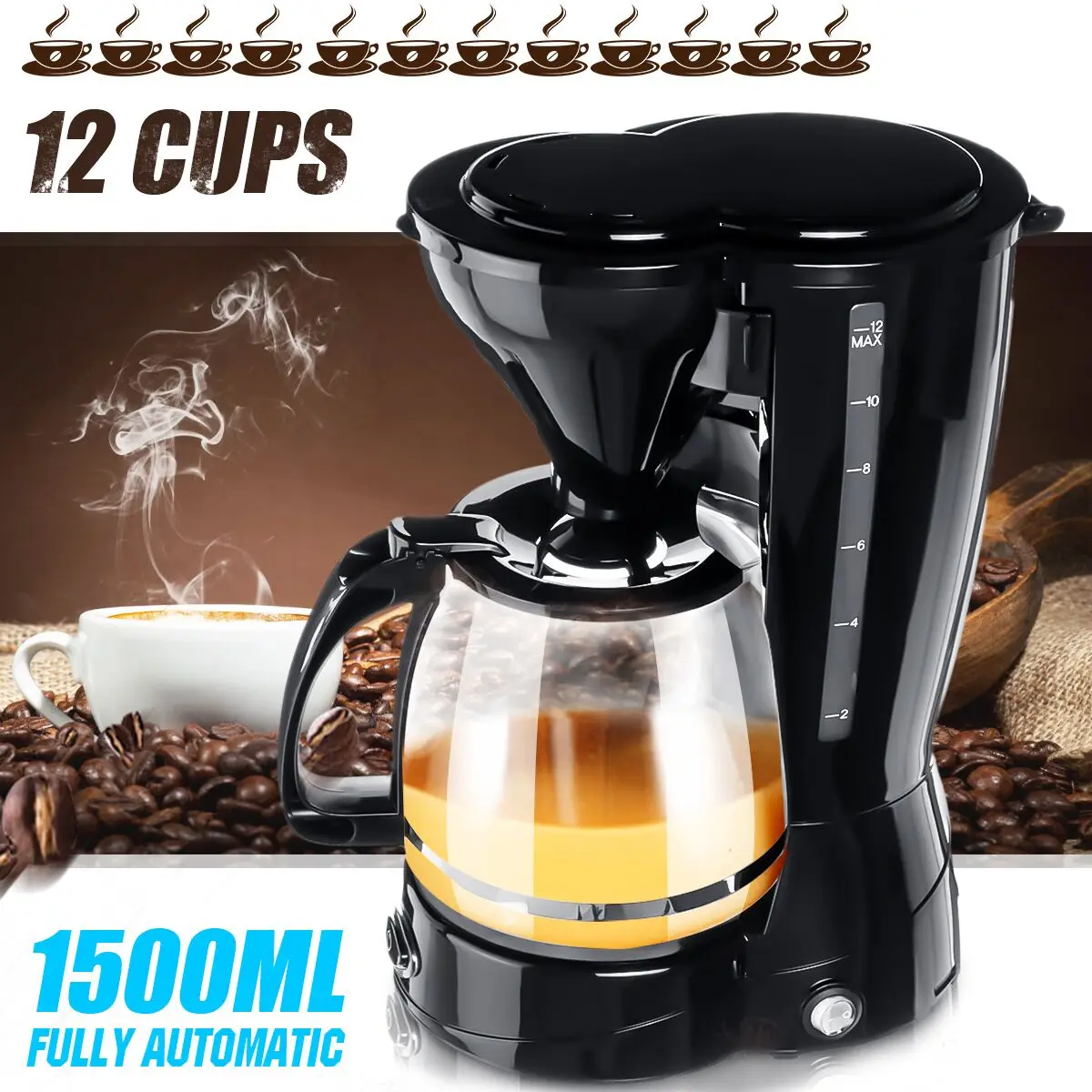 

Household Office American Style Drip Tea/Coffee Making Machine 12 Cup High Capacity Coffee Maker Automatic Temperature Control