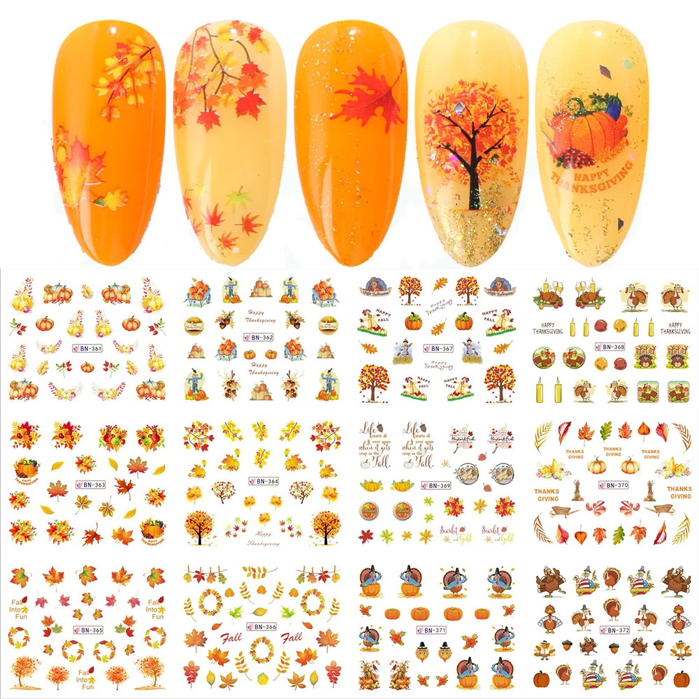 

12 Designs Autumn Maple Nail Art Water Decals Sliders Foil Gold Leaf Stickers Decorations Designs Flowers Manicure