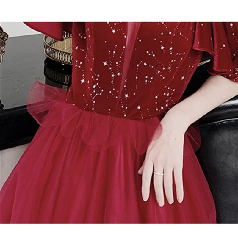 Это Yiiya Вечернее Платье бордовое с принтом звезды велюровое вечернее платье с оборками вырез лодочкой вечерние платья robe de soiree LF124