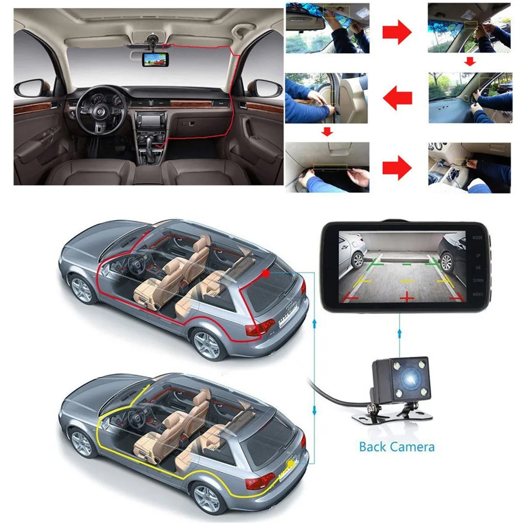 Автомобильный Камера LCD FHD 1080p 4 дюйма двойной/один с двумя объективами Автомобильный видеорегистратор FHD 1080P приборной панели Камера 170 градусов для вождения DVR