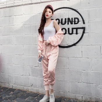 

2020 Spring New Women Two-piece Set Korean Sports Short Casual Solid Pink Loose Zip Jacket+pants Female Tracksuit Streetwear
