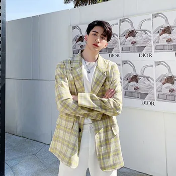 

Men Retro Fashion Casual Plaid Suit Blazer Coat Male Japan Harajuku Korea Streetwear Loose Suit Jacket Outerwear