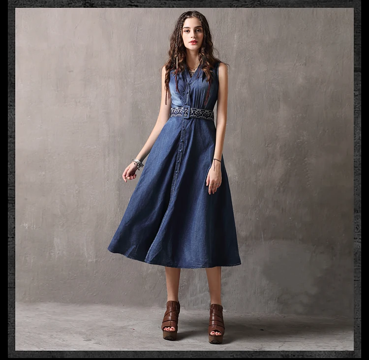 Vintage Summer Tank Dress 2019 Slim Waist Women Dresse Denim Vestidos V-Neck A-Line Sleeveless Belted Sundresses K82093 (14)