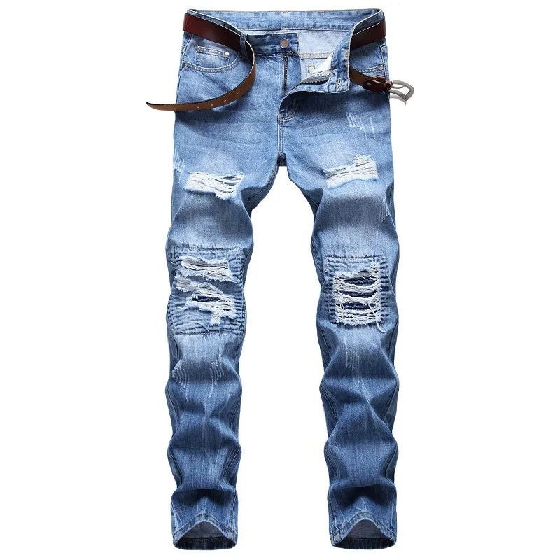 Denim Ripped Hole MOTO BIKE Straight Blue Jeans For Men'S OverSize 40 42 2020 Autumn Spring HIP HOP Punk Rock Streetwear Trouers Denim Ripped Hole MOTO BIKE Straight Blue Jeans For Men'S OverSize 40 42 2020 Autumn Spring HIP HOP Punk Rock Streetwear Trouers
