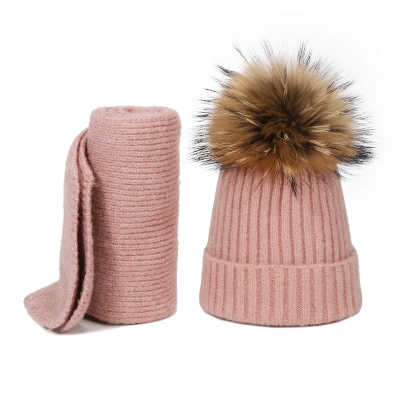 Children Winter Real Fur Pompon Hat Scarf Set for Boys Girls Knitted Cotton Hat Scarf 2 Pieces Baby Accessories Kids Gift Set - Color: V