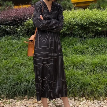 

Women Long Shirt Dress Geometric Striped Embroidery Spring Autumn Silhouette Notched Long Sleeve Single Breasted Long Dresses