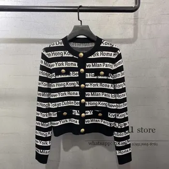 

Paris designer fall 2020 sweaters for Women clothing Cardigans Knitted Lettered print Striped Metal buttons cropped cardigan