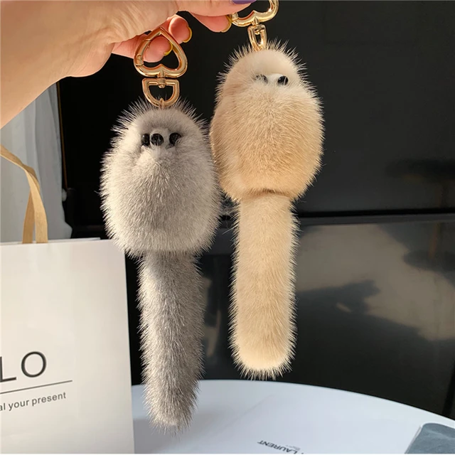 Cute Real Mink Fur Tail Pendant Keychain Women Luxury Plush