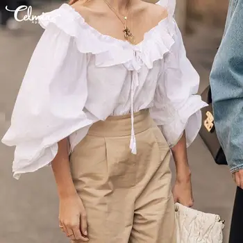 

Celmia Women's Blouse Fashion Tops 2020 Spring Long Sleeve Bandage Ruffles Shirts Casual Loose Party Blusas Femininas Plus Size
