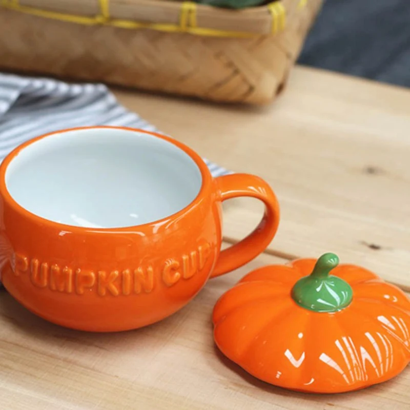 Household Halloween Cute Pumpkin Shape Creative Personality Ceramics With Cover Mug Home Office Drinking Utensils 1PC