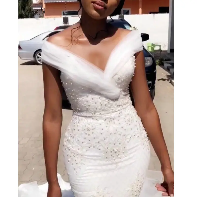 Vestidos элегантная белая с открытыми плечами Русалка Кружевная аппликация с жемчугом развертки поезд на заказ плиссированные свадебное платье свадебная Gow