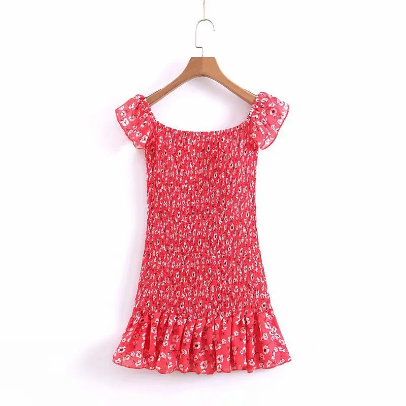 

Summer Slim Fit High-waisted Slimming off-Shoulder Short Sleeve Horizontal Neck Floral-Print Dress Holiday Europe And America Se