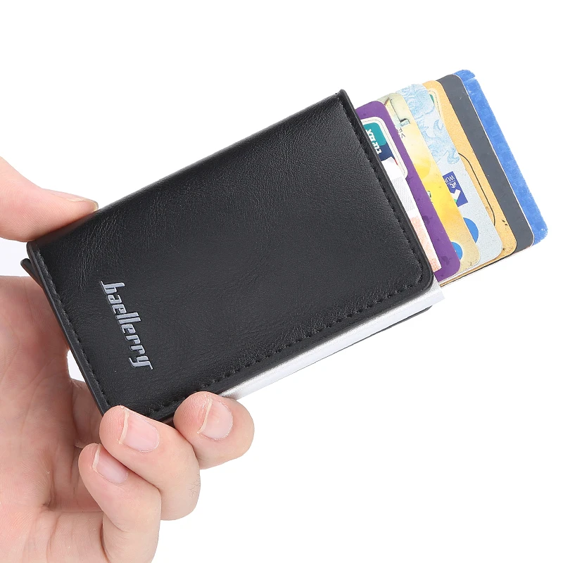 

Brand Men Credit Card Holder RFID Blocking PU Leather Automatic Business ID Card Case Aluminum Metal Men Wallet Purse for Cards