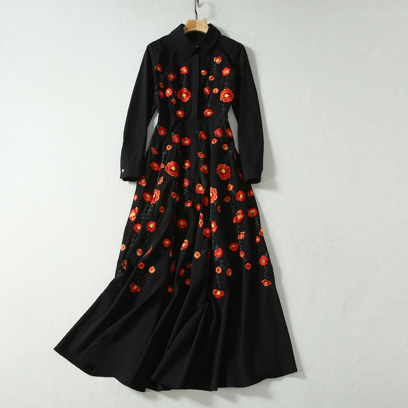 Красный RoosaRosee дизайнер весна лето женщина с длинным рукавом цветок вышивка черное платье элегантный женский праздник vestidos роковой