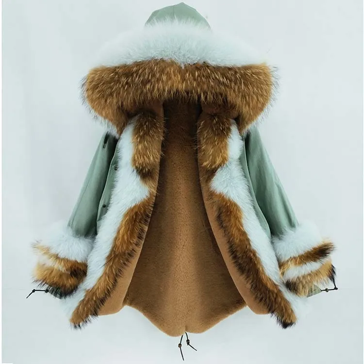 Зимняя женская куртка из натурального меха енота, воротник из лисьего меха, капюшон с манжетами, Толстая теплая верхняя одежда, новая длинная парка, пальто из натурального меха - Цвет: light green 2