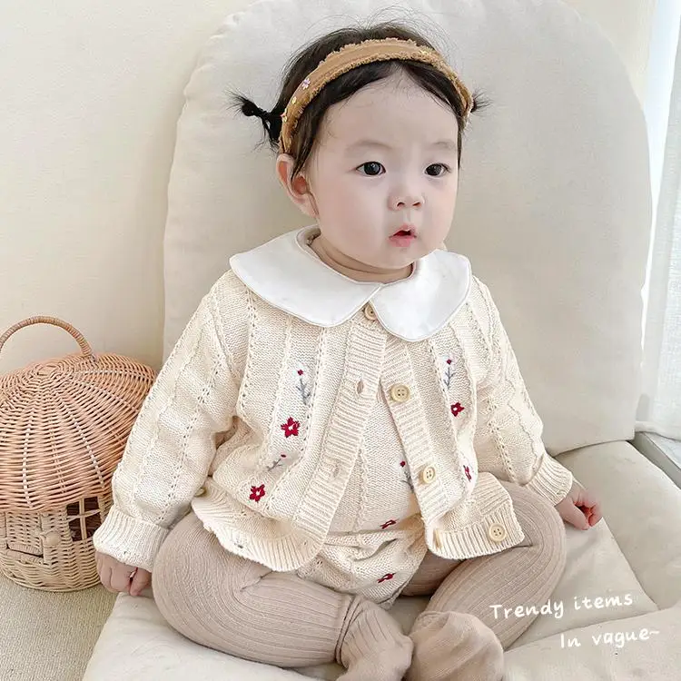 vintage Baby Bodysuits Wholesale high quality 2022 100% cotton Baby boy and girl embroidered cotton yarn knitted coat + suspender romper two-piece suit customised baby bodysuits