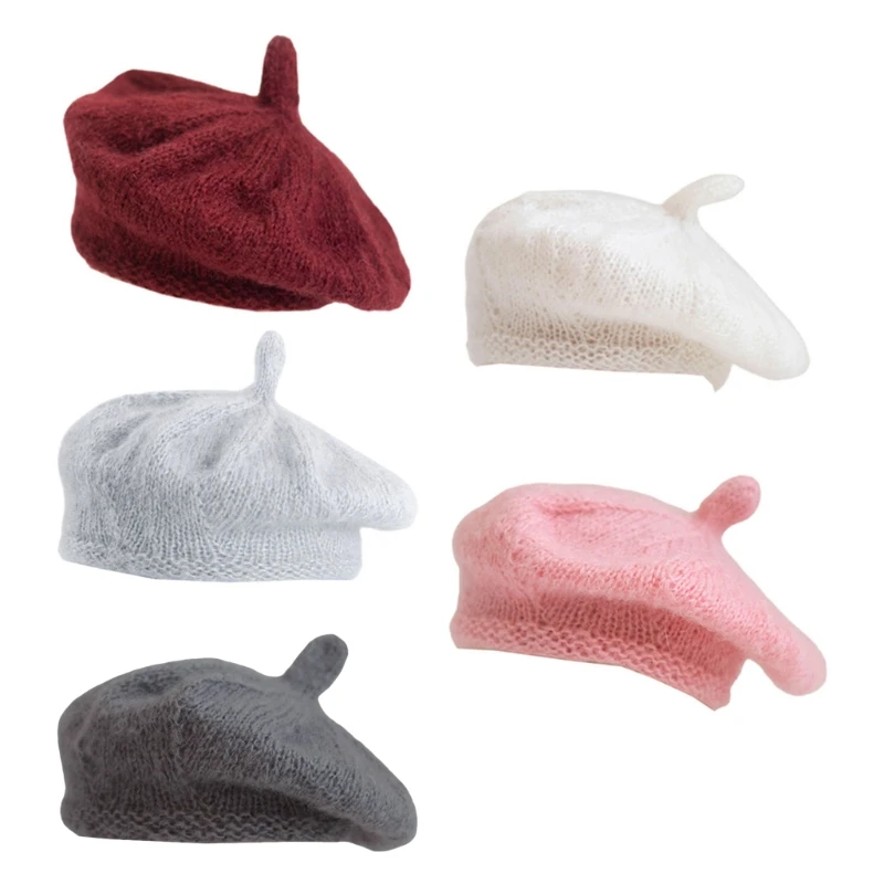 

Newborn Photography Props Hand-woven Soft Mohair Beret Cap Solid Color Baby Hat