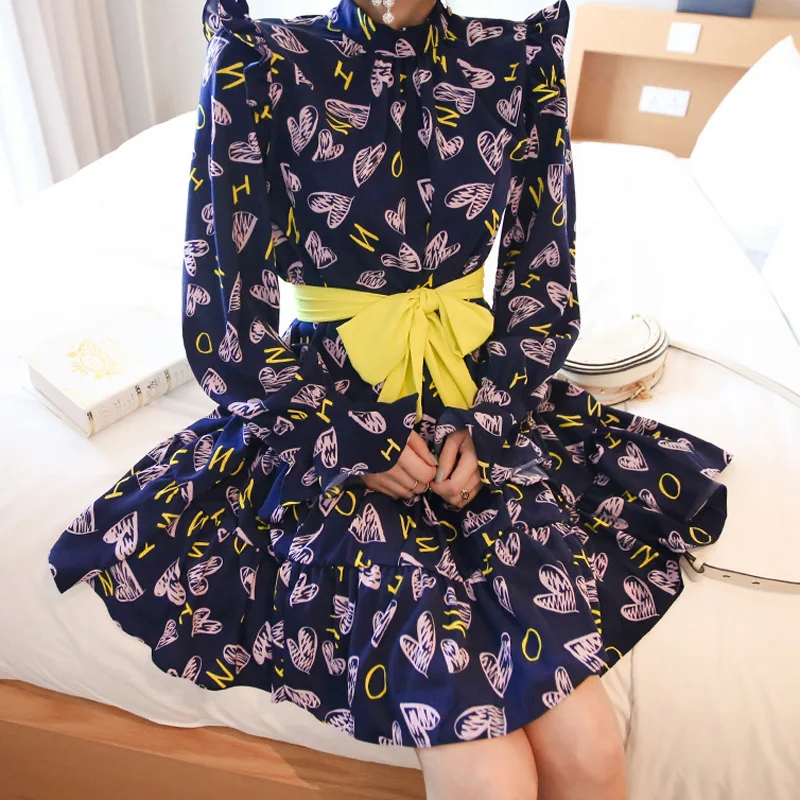 

2019 New Style Korean-style Elegant Stand Collar Lace-up Waist Hugging Printed Long Sleeve Princess Dress Fashion Dress Women's