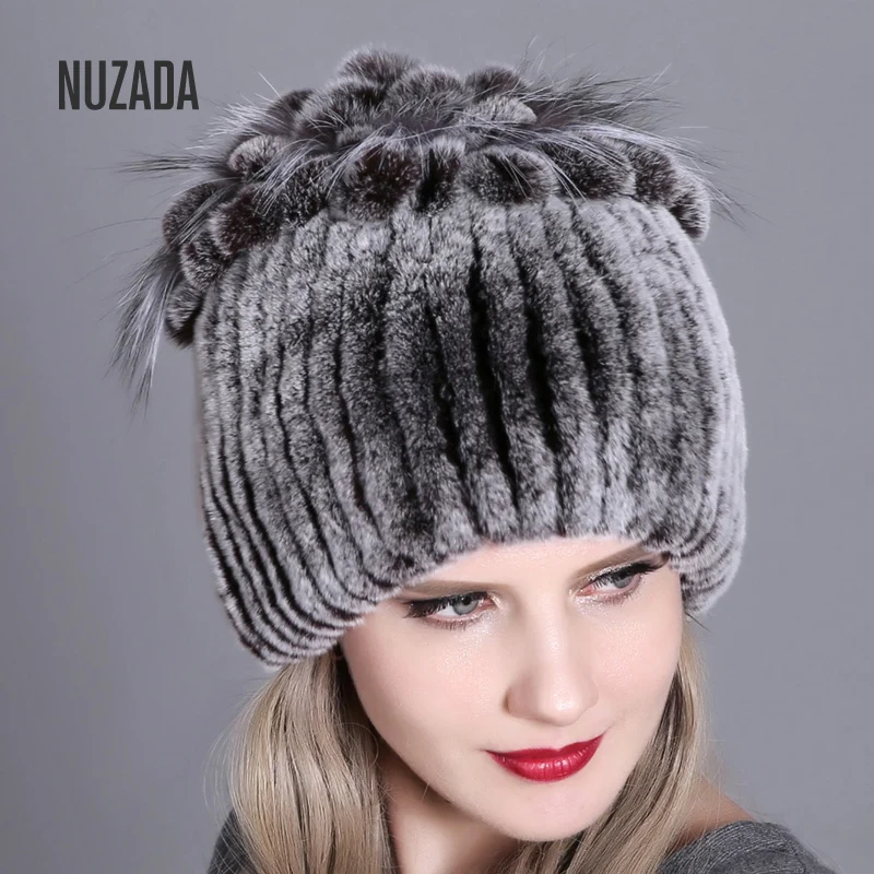 NUZADA/теплая вязаная шапка с защитой от холода для женщин и девушек, вязаные шапки-бини из шерсти кролика Рекс, шапки из натуральной кожи, зимняя шапка