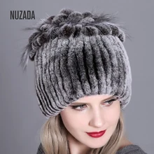 NUZADA/теплая вязаная шапка с защитой от холода для женщин и девушек, вязаные шапки-бини из шерсти кролика Рекс, шапки из натуральной кожи, зимняя шапка