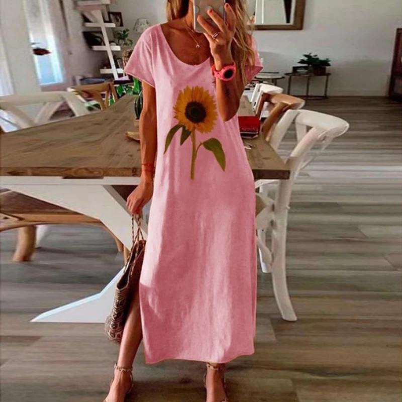Women Vintage Butterfly Daisy Print Summer Dress Elegant O Neck Short Sleeve Party Dress Ladies Fashion Slit Long Dress Vestidos