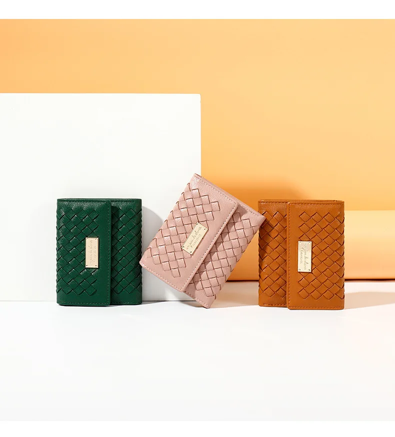 Women PU Short Wallet Female Handmade Woven Purse Handbag Button Candy Color Functional Cash Photo Card Holders
