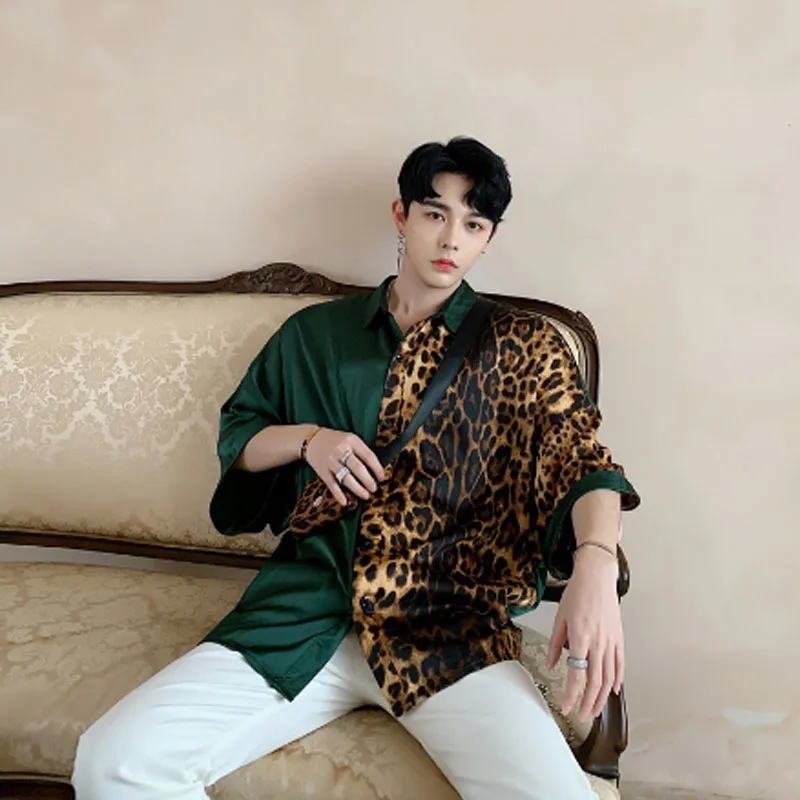 2019 Summer vintage leopard patchwork oversize men shirts with nightclub DJ singer punk silk shirt stage costume 2019 Summer vintage leopard patchwork oversize men shirts with nightclub DJ singer punk silk shirt stage costume