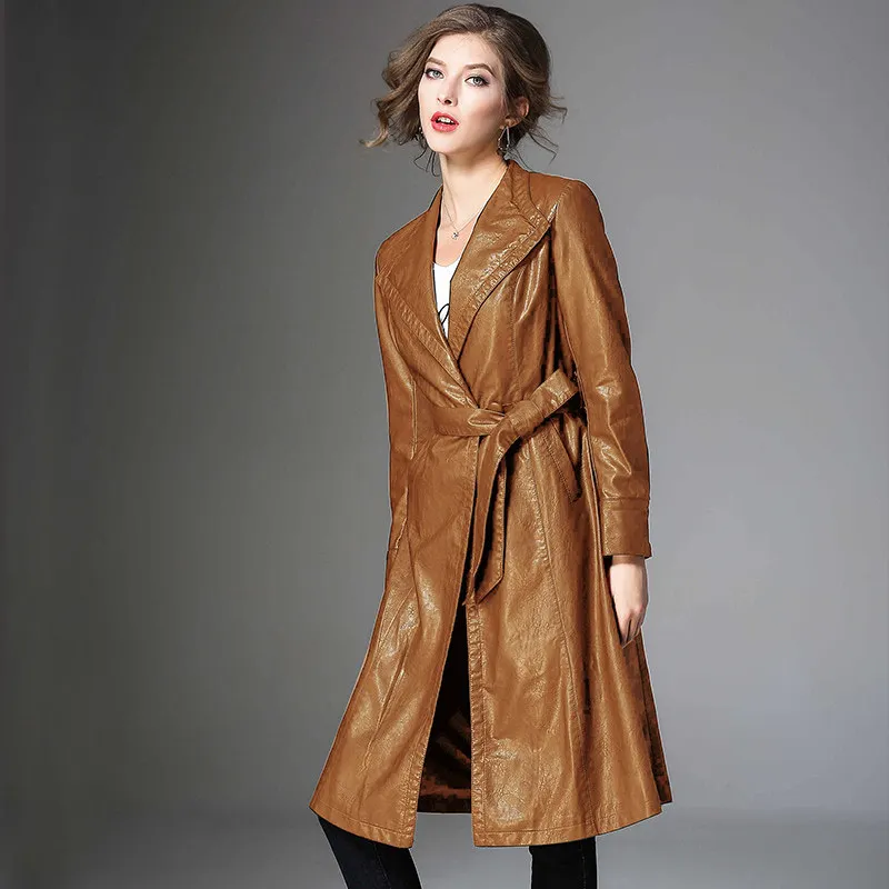 Caramel Foxmertor Brand Fashion Women Pu Leathers Trench Coat Female Overcoat Autumn Long Sleeve Belt Long Coat Ladies Windbreaker Black - Цвет: Caramel