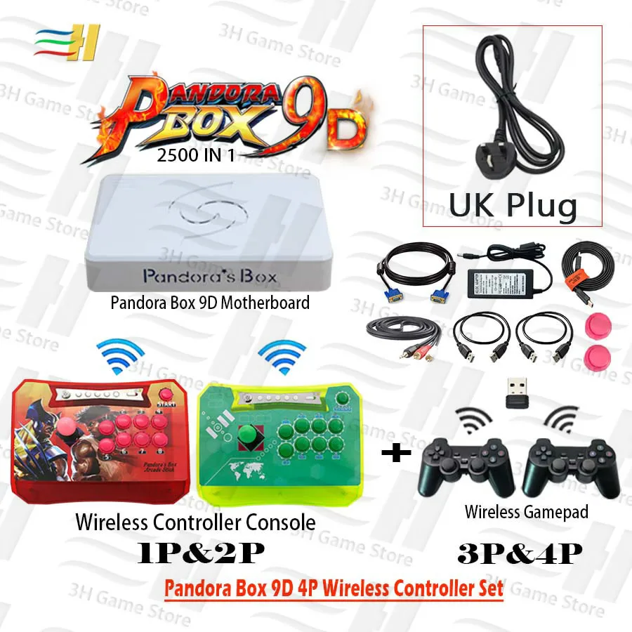 4P red green wux UK Pandora box 9d 4P беспроводной контроллер Набор беспроводной аркадный джойстик консоль и геймпад 2500 В 1 поддержка 1P 2P 3P 4P игры 3D tekken - Цвет: 4P red green wux UK