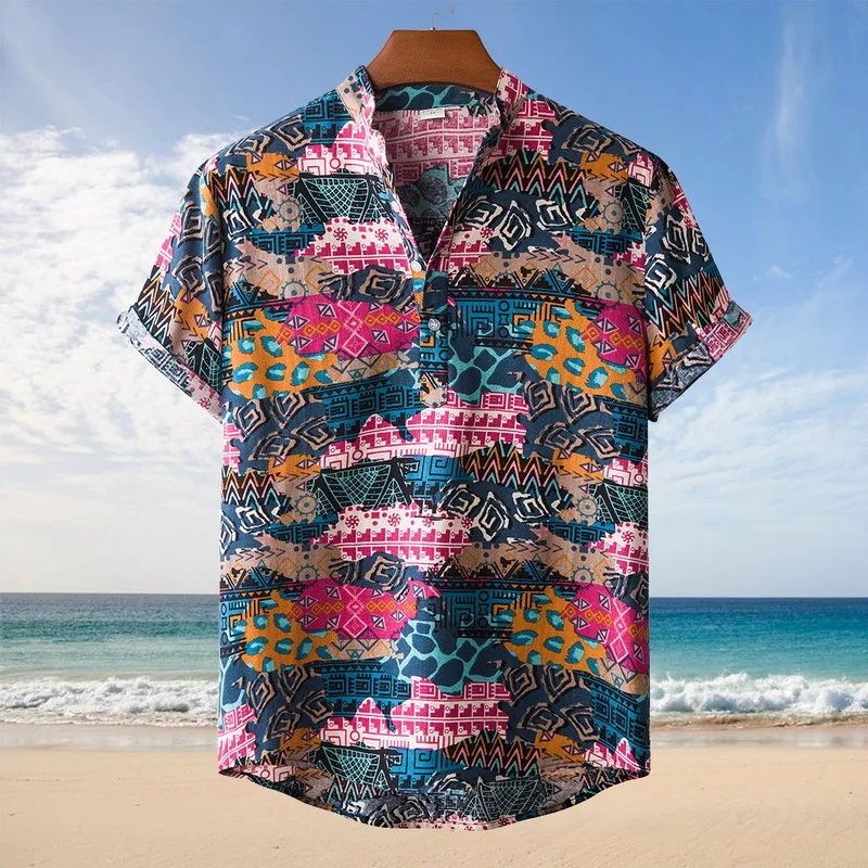Chemise,Chemise en lin  manches courtes pour homme,motif Floral,ample ...