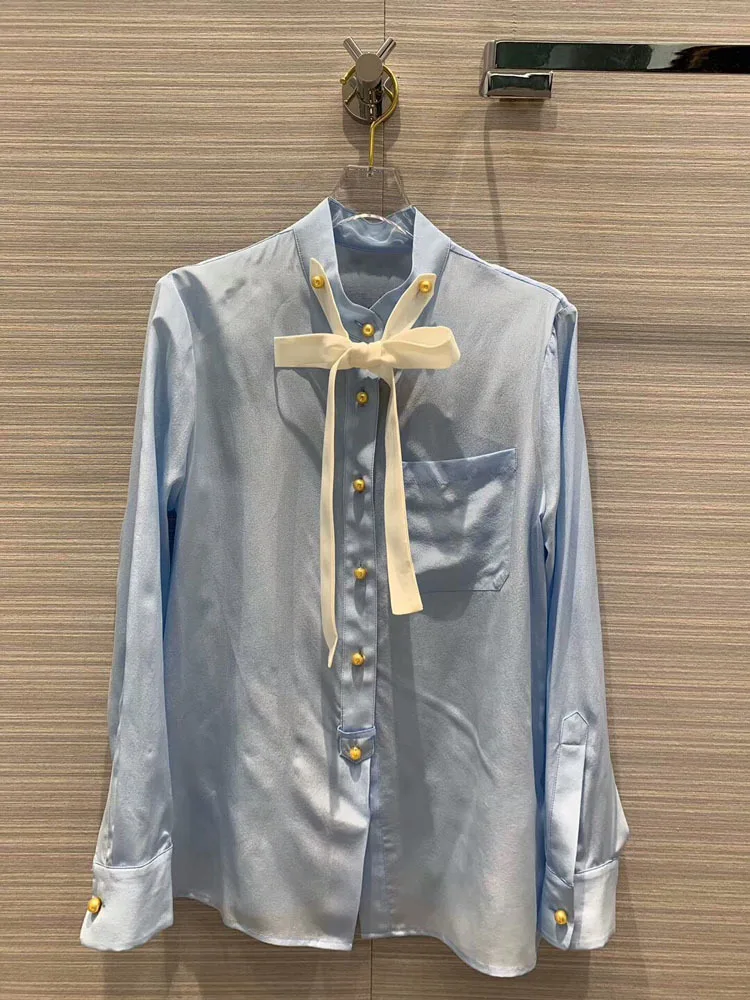 Early Autumn New Fashion Sweet Girly Style Tie- Bow Silk Shirt Women Two Color Blue White Free Shipping