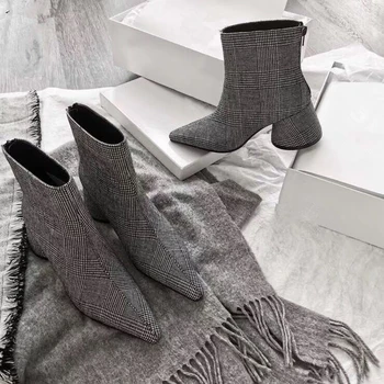 

Sexy Chunky High Heels 6.5 cm Women Ankle Boots Pointed Toe Zipper Plaid cloth Winter Short Boots zapatos de mujer Shoes Woman