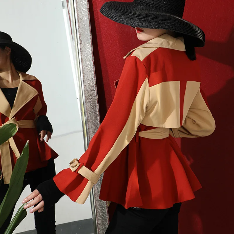 new autumn and winter fashion women clothes turn-down collar full sleeves PU red beige color patchwork high waist Y018