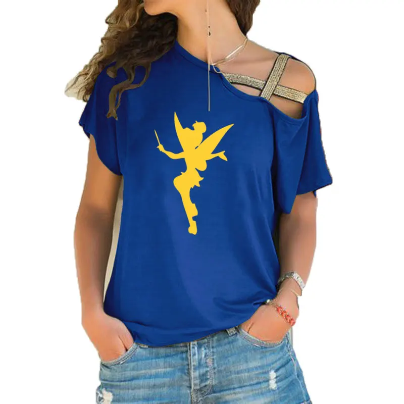 Новинка, женская футболка с изображением сказочного силуэта Tinkerbell, женская футболка с принтом Tinkerbell, милые неровные топы с перекрестной повязкой