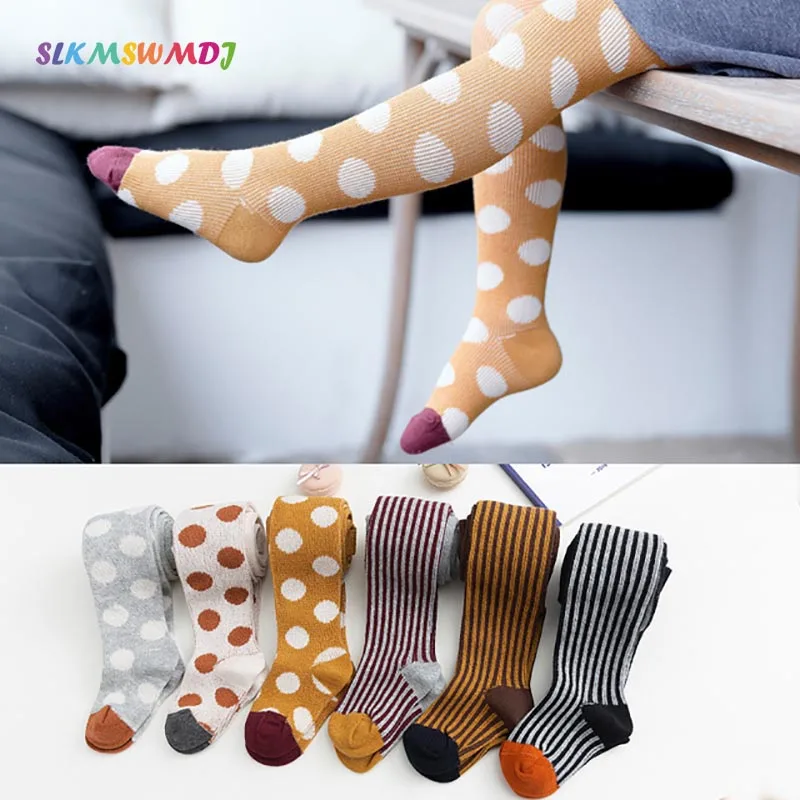

SLKMSWMDJ Fashion Leggings Autumn Winter New Cotton Double Needle Children's Pantyhose Polka Dot Vertical Girl Leggings