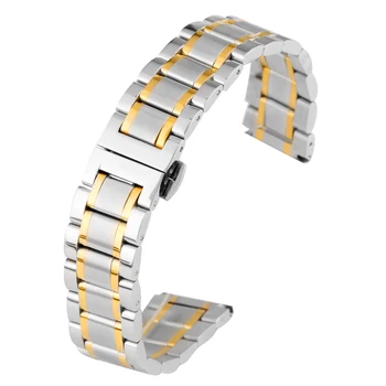 

20MM Watch Strap Silver and Gold Watch Band Premium Stainless Steel Circle Strap Push-Button Hidden Clasp Wristwatch Bracelet