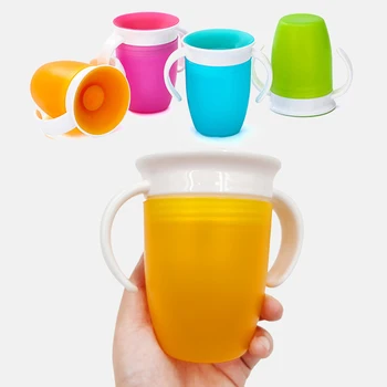 

360 Degrees Leakproof Magic Kids Water Feeding Bottle Rotated Baby Learning Drinking Plastic Cup With Double Handle Flip Lid
