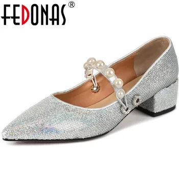 

FEDONAS New Arrival Women Square Toe Party Prom Shoes Spring Summer Elegant Glitters Shoes Sweet Pearl Decoration Shoes Woman