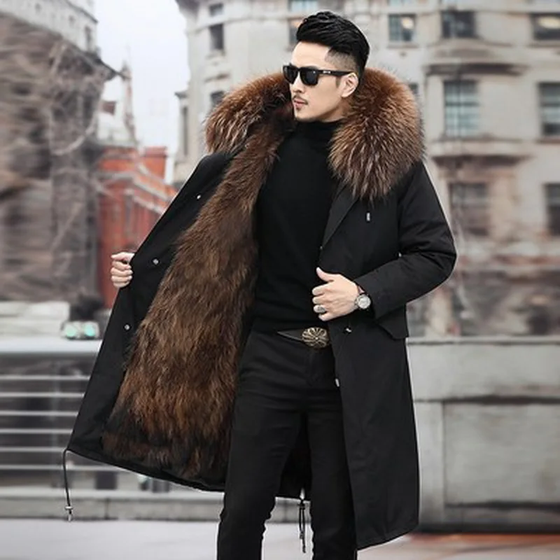 Men Faux Fox Fur Coat Winter Warm Long Jacket Leather Trench Coat Outwear Parka 