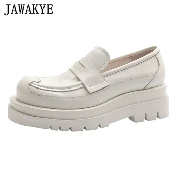 

Casual Women Slip-on Lazy Shoes Cozy Genuine Leather Thick Sole Loafer Shoes Woman College Style Metal Chain Flat Platform Shoes