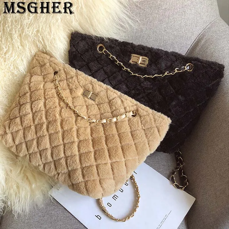 

MSGHER Plush Autumn Women Shoulder Tote Bag Winter Joker Large Capacity 2019 Practical Diamond-shaped Hasp Girl Bag WB3089