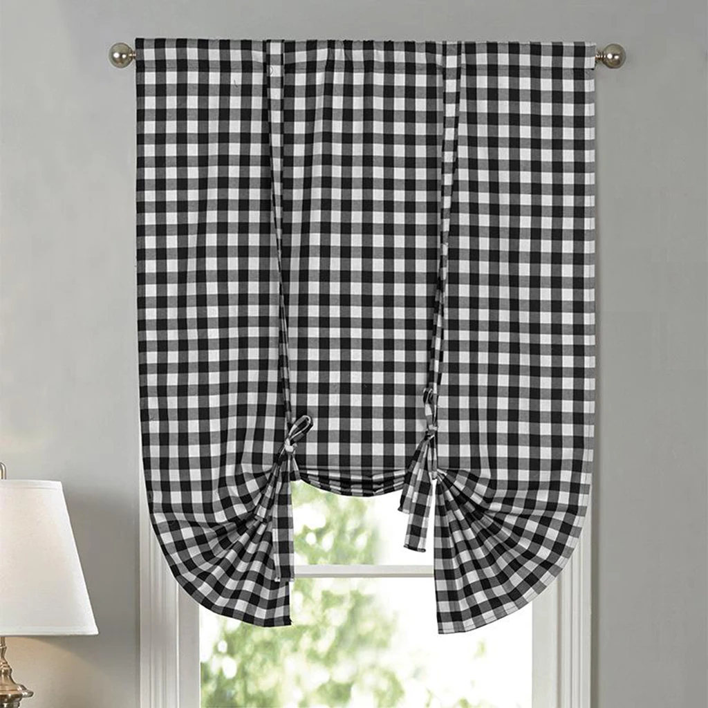 Buffalo Check Tie Up Curtains for Windows - Rod Pocket Semi Sheer Light Reducing Kitchen Valance Curtains, 42 x 63 Inches