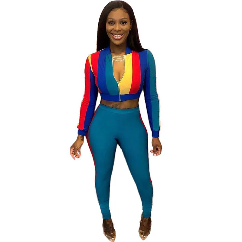 

Autumn Tracksuit Bodycon Two Piece Set Women Striped Zipper Long Sleeve Jacket Top and Tight Pants Female Casual Sweat Suit Fall