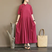 Johnature, женское платье в национальном винтажном стиле, длинные платья со стоячим воротником и пряжкой, лето, высокая талия, половина рукава, свободные платья