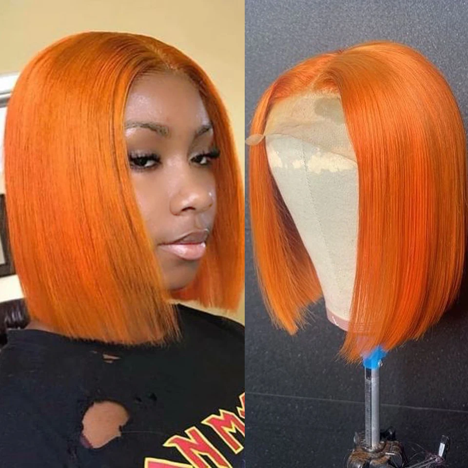 Orange Bob Wig Human Hair 4x4 Lace Front Wig Pre Plucked with Baby Hair Remy Burmese Straight T