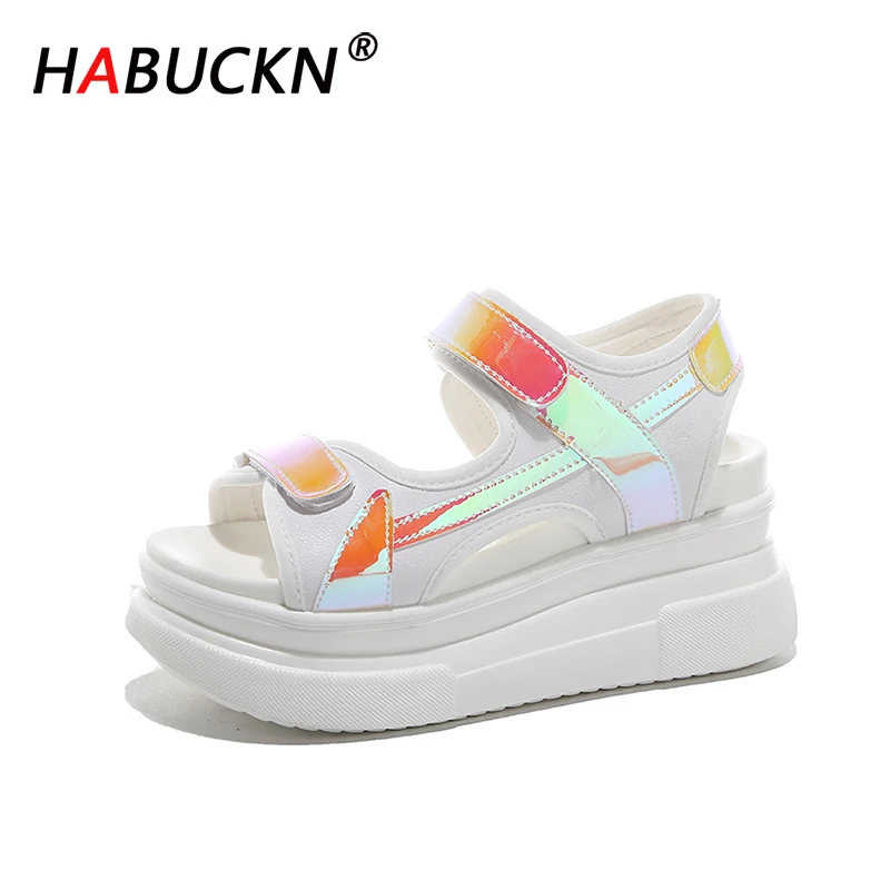 

HABUCKN 2020Fashion High Heel Flat Platform Sandals Open Toe Reflective Color Leather White Sandals womens platform wedge sandal