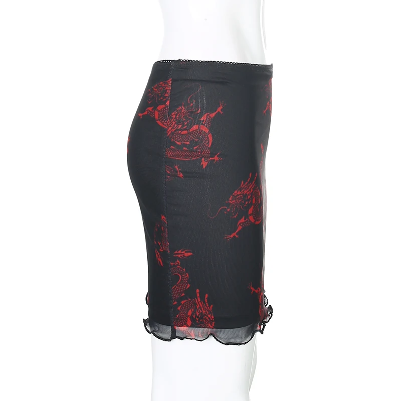 Darlingaga Chinese Style Dragon Print Summer Two Piece Set Women Mesh Sexy Matching Sets Strap Crop Top and Mini Skirt Suit 2020